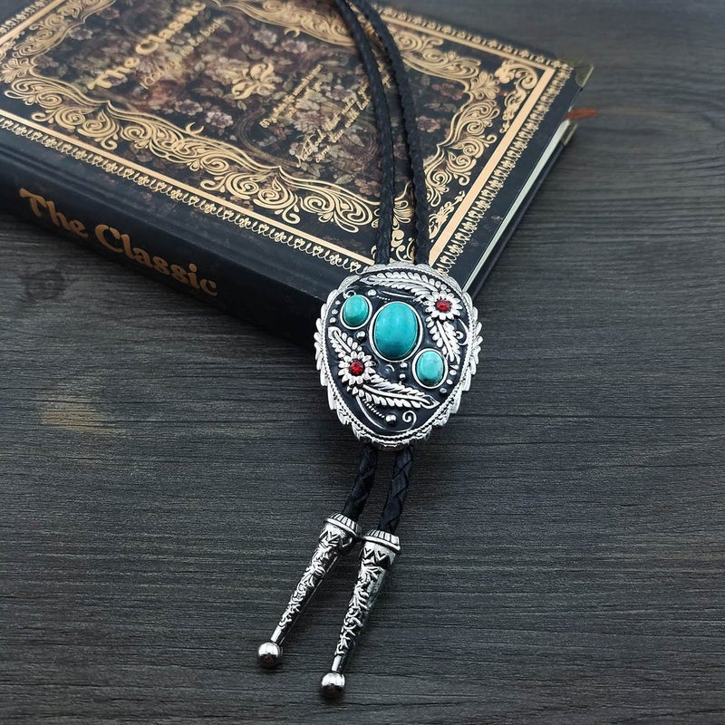 QUKE Blue Natural Turquoise Flower Pattern Bolo Tie Western Cowboy Vintage Handmade Genunie Leather - Image 2