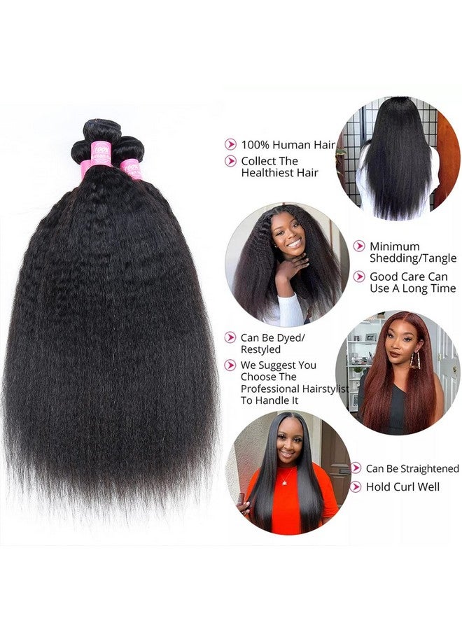 أف كيو خصلات شعر بشري مستقيم مجعد مع إغلاق 10A Yaki 3 خصلات مع إغلاق دانتيل 4X4 وصلات شعر بشري برازيلي غير معالج منسوجة بلون طبيعي (إغلاق 16 18 20 + 14) - Image 2