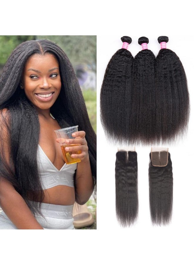 أف كيو خصلات شعر بشري مستقيم مجعد مع إغلاق 10A Yaki 3 خصلات مع إغلاق دانتيل 4X4 وصلات شعر بشري برازيلي غير معالج منسوجة بلون طبيعي (إغلاق 16 18 20 + 14) - Image 1