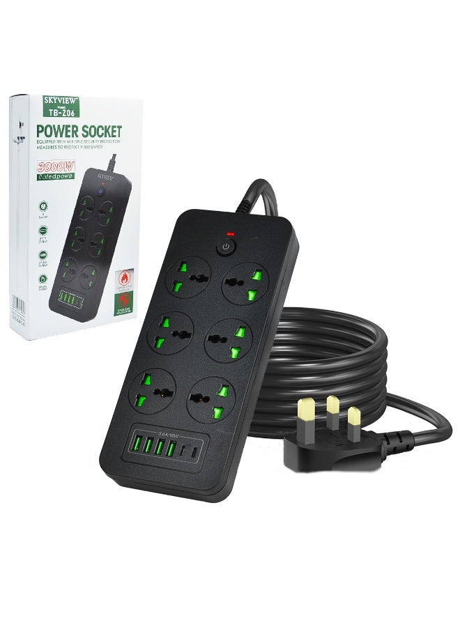 سكاي فيو شريط طاقة واقي من زيادة التيار - سلك تمديد بمقبس مسطح مع 6 منافذ و4 منافذ USB ومنفذين من النوع C، سلك طاقة بطول 2 متر (3000 واط/16 أمبير/110 فولت-265 فولت)، مادة مقاومة للهب من البولي كربونات، قلب نحاسي نقي (أسود) - Image 1
