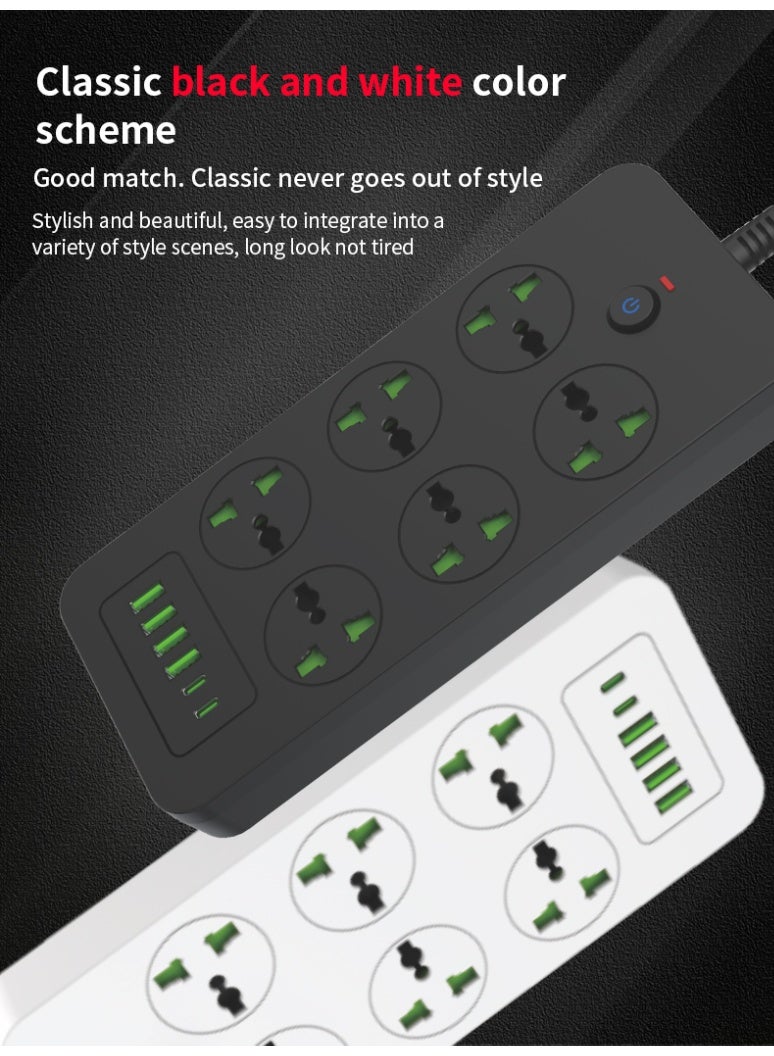 سكاي فيو شريط طاقة واقي من زيادة التيار - سلك تمديد بمقبس مسطح مع 6 منافذ و4 منافذ USB ومنفذين من النوع C، سلك طاقة بطول 2 متر (3000 واط/16 أمبير/110 فولت-265 فولت)، مادة مقاومة للهب من البولي كربونات، قلب نحاسي نقي (أسود) - Image 4