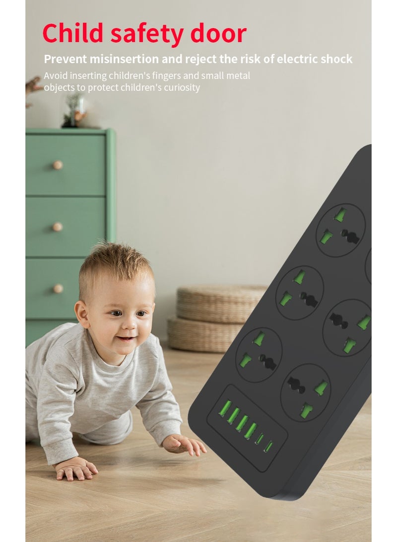 سكاي فيو شريط طاقة واقي من زيادة التيار - سلك تمديد بمقبس مسطح مع 6 منافذ و4 منافذ USB ومنفذين من النوع C، سلك طاقة بطول 2 متر (3000 واط/16 أمبير/110 فولت-265 فولت)، مادة مقاومة للهب من البولي كربونات، قلب نحاسي نقي (أسود) - Image 5