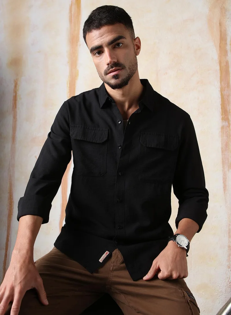 Men Relaxed Fit Spread Collar Double Flap pocket utility Solid Textured Casual Shirt
