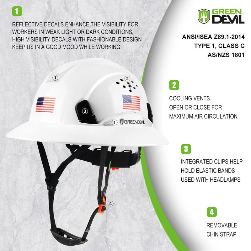GREEN DEVIL Full Brim Hard Hat Vented Construction Safety Helmet OSHA Approved Cascos De Construccion Work Hardhats with Cooling Towel for Men&Women 6 Point Adjustable Ratchet Suspension - Image 3