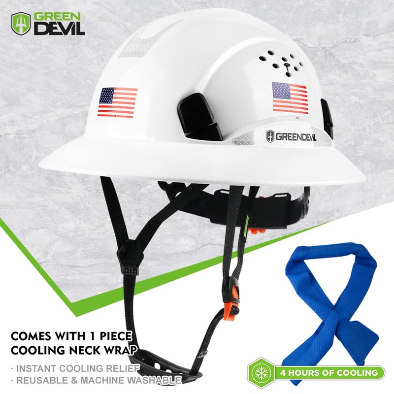 GREEN DEVIL Full Brim Hard Hat Vented Construction Safety Helmet OSHA Approved Cascos De Construccion Work Hardhats with Cooling Towel for Men&Women 6 Point Adjustable Ratchet Suspension - Image 2