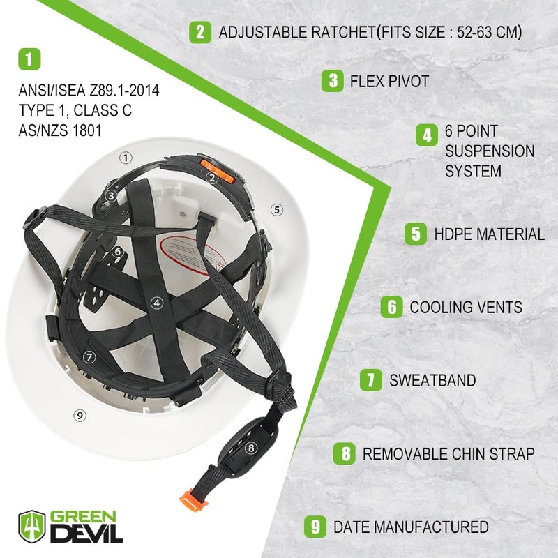 GREEN DEVIL Full Brim Hard Hat Vented Construction Safety Helmet OSHA Approved Cascos De Construccion Work Hardhats with Cooling Towel for Men&Women 6 Point Adjustable Ratchet Suspension - Image 4