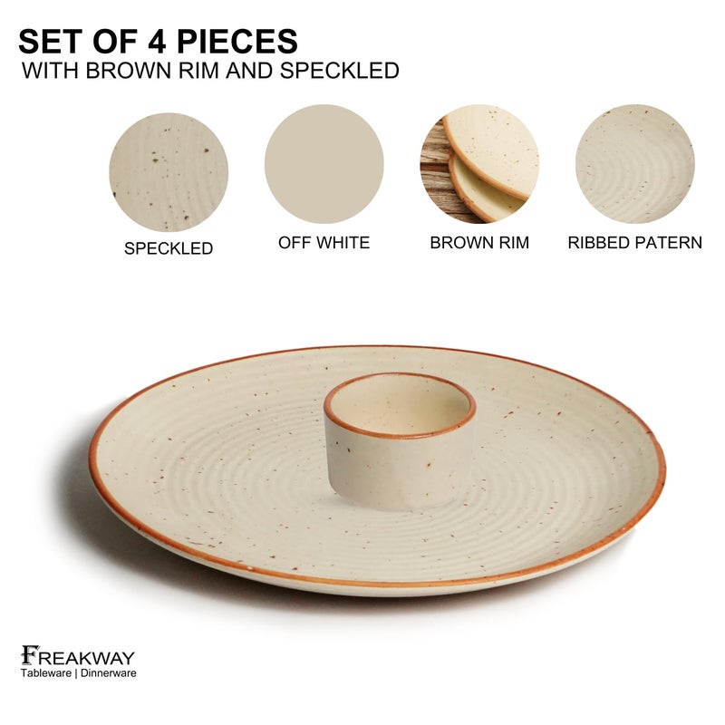 Freakway Handcrafted Ceramic Dinner Plates with Dip Bowl Set of 4 Pieces | 2 Dinner Plates 10" Dia with 2 Chutney Dip Bowls | Dishwasher & Microwave Safe - Off White - Image 3