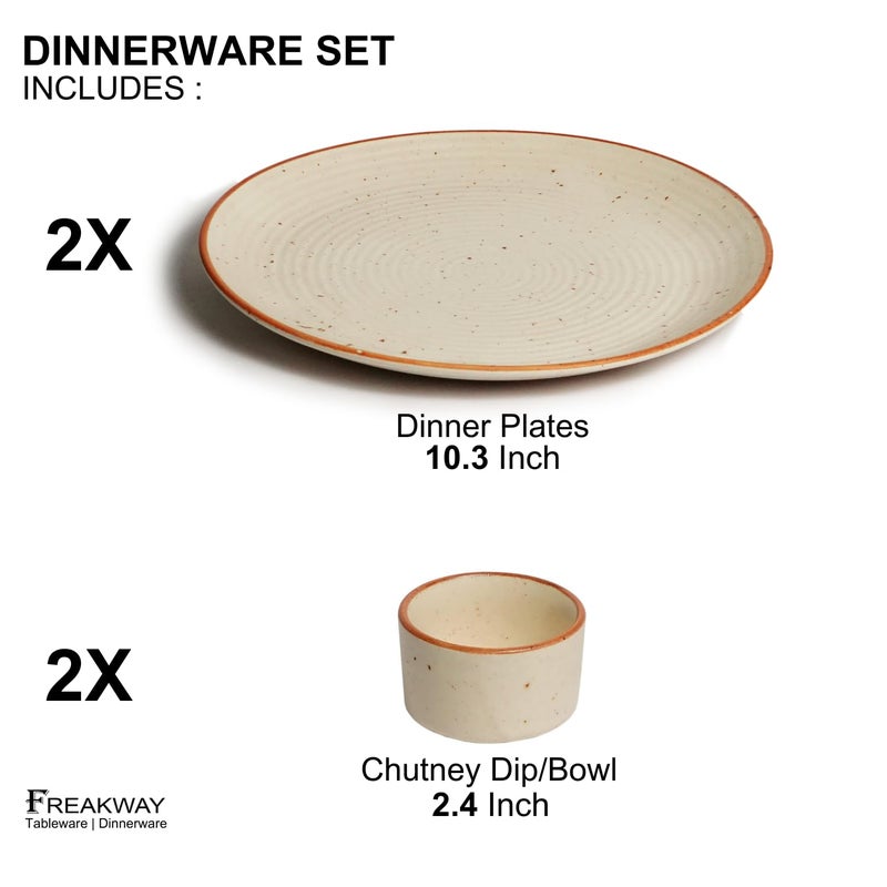 Freakway Handcrafted Ceramic Dinner Plates with Dip Bowl Set of 4 Pieces | 2 Dinner Plates 10" Dia with 2 Chutney Dip Bowls | Dishwasher & Microwave Safe - Off White - Image 2