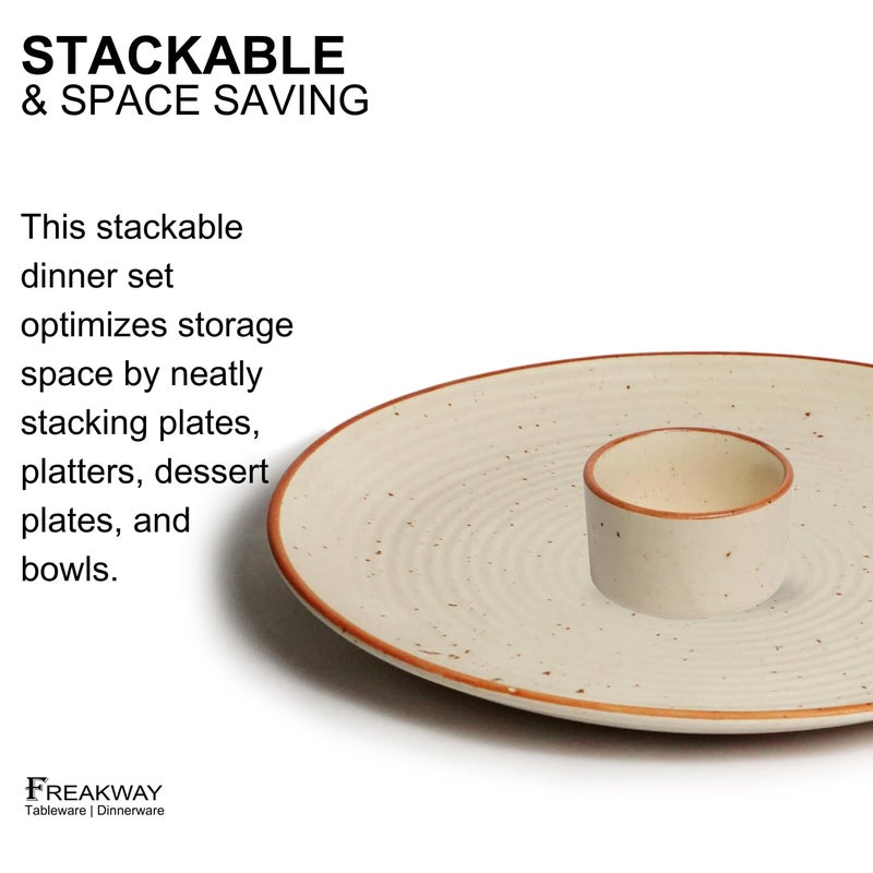 Freakway Handcrafted Ceramic Dinner Plates with Dip Bowl Set of 4 Pieces | 2 Dinner Plates 10" Dia with 2 Chutney Dip Bowls | Dishwasher & Microwave Safe - Off White - Image 4