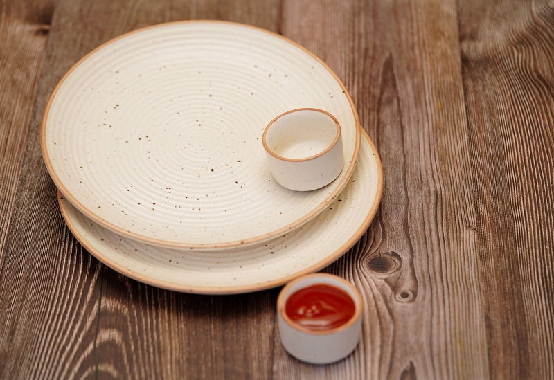 Freakway Handcrafted Ceramic Dinner Plates with Dip Bowl Set of 4 Pieces | 2 Dinner Plates 10" Dia with 2 Chutney Dip Bowls | Dishwasher & Microwave Safe - Off White - Image 1