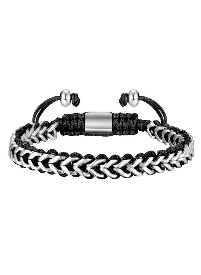 MEALGUET Rope & Chain Braided Link Bracelet for Men : Handmade Trendy Men's Stainless Steel Metal Non Tarnish Waterproof Cuban Chain Bracelet Fashion Jewelry Gift for Dad Son Boyfriend, Adjustable - Image 1