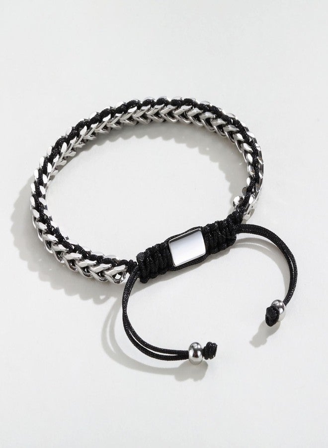 MEALGUET Rope & Chain Braided Link Bracelet for Men : Handmade Trendy Men's Stainless Steel Metal Non Tarnish Waterproof Cuban Chain Bracelet Fashion Jewelry Gift for Dad Son Boyfriend, Adjustable - Image 4
