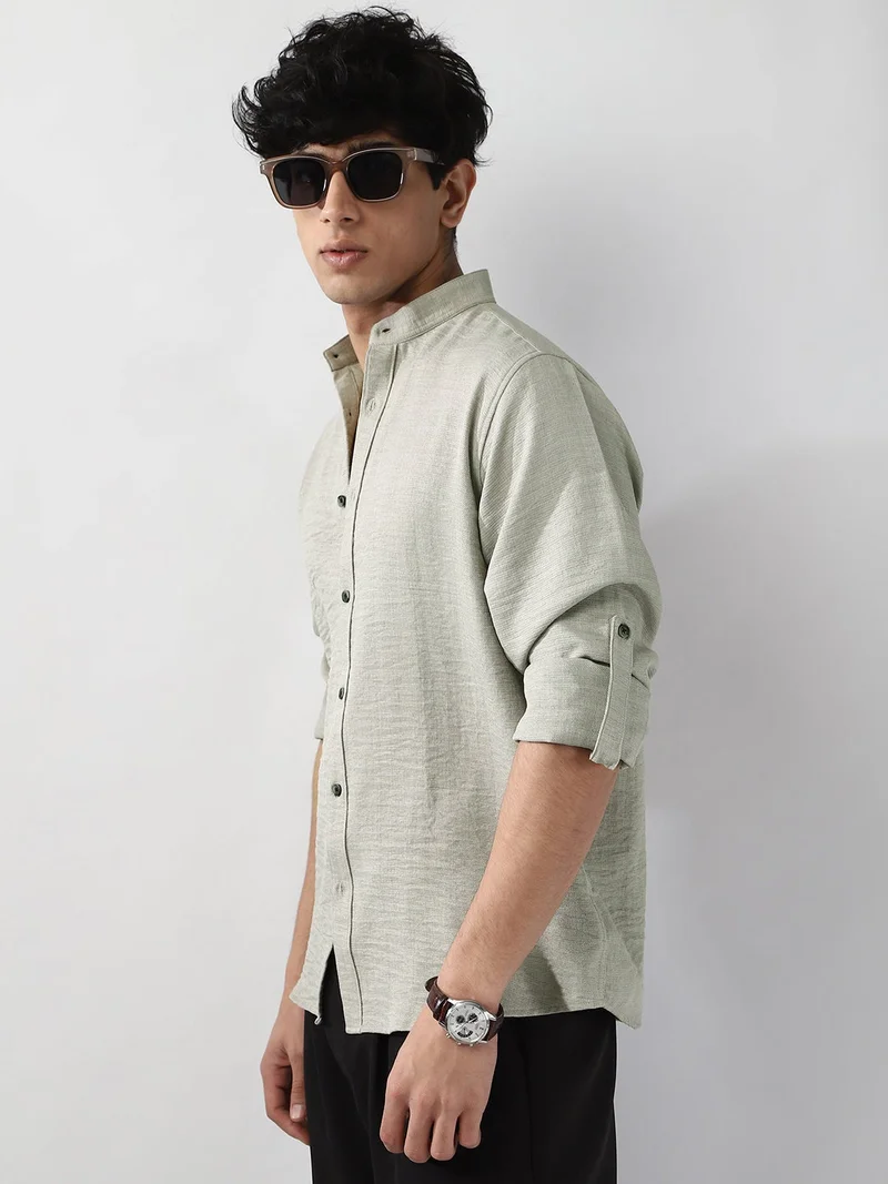 Urbano Fashion Urbano Fashion Men's Beige Linen Blend Full Sleeve Relaxed Fit Mandarin Collar Casual Solid Shirt