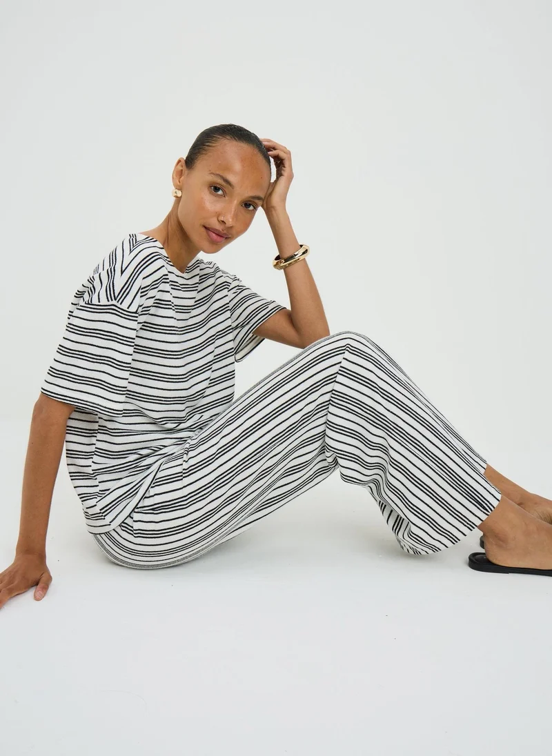 ماتلان Cream Stripe Soft Knit Wide Leg Co Ord Trousers