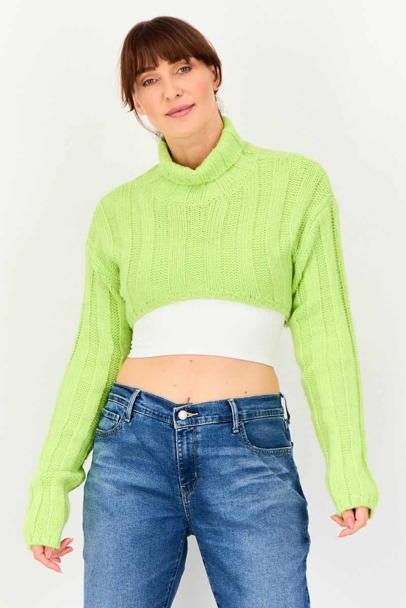 Bershka Women Turtle Neck Crochet Crop Sweater, Lime Green - Image 1