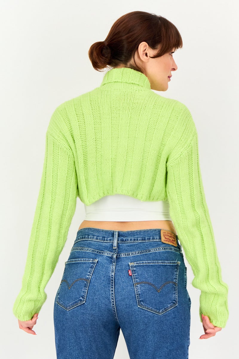 Bershka Women Turtle Neck Crochet Crop Sweater, Lime Green - Image 3