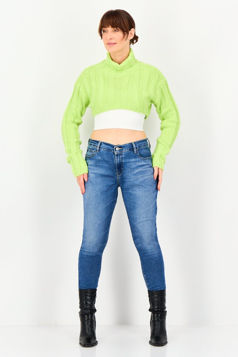 Bershka Women Turtle Neck Crochet Crop Sweater, Lime Green - Image 4