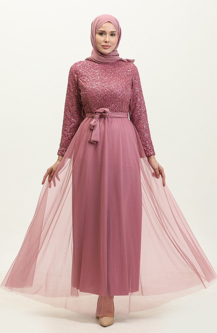 Sefa Merve Lace Belted Evening Dress 5353A-16 Dusty Rose  - Image 1