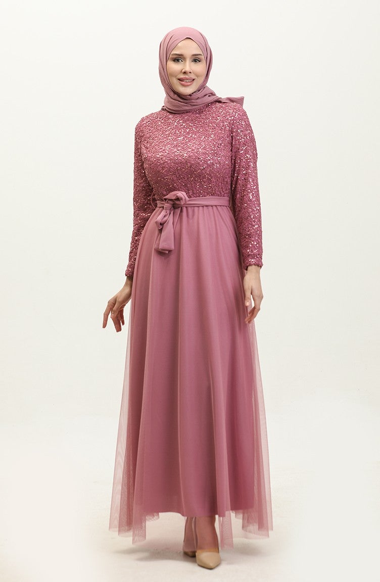 Sefa Merve Lace Belted Evening Dress 5353A-16 Dusty Rose  - Image 2