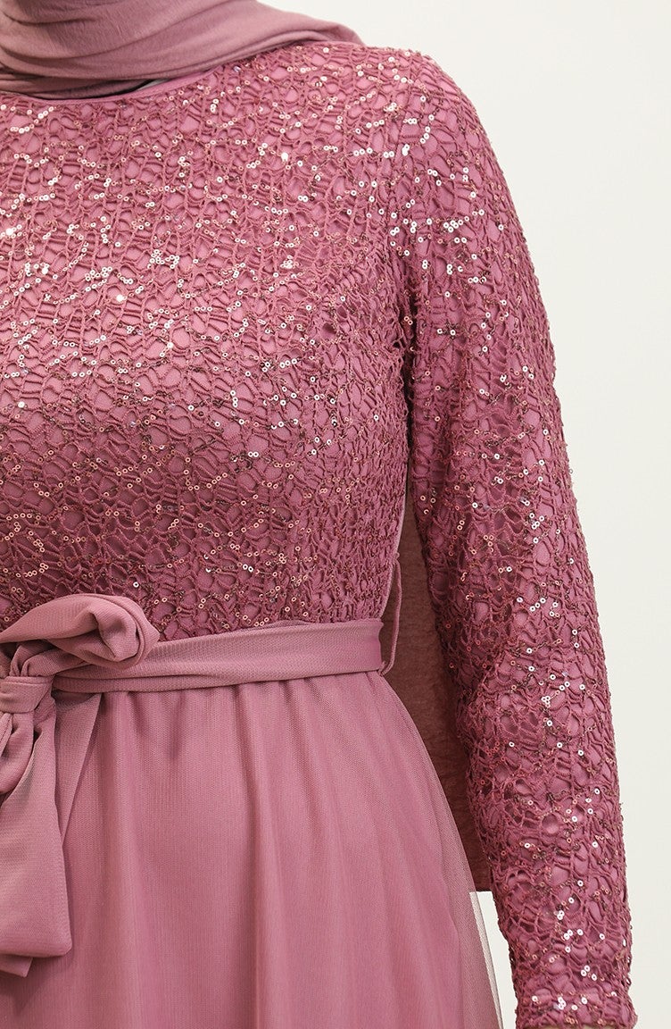 Sefa Merve Lace Belted Evening Dress 5353A-16 Dusty Rose  - Image 4