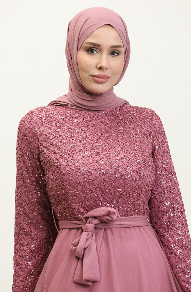Sefa Merve Lace Belted Evening Dress 5353A-16 Dusty Rose  - Image 3