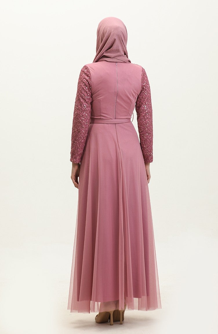 Sefa Merve Lace Belted Evening Dress 5353A-16 Dusty Rose  - Image 5