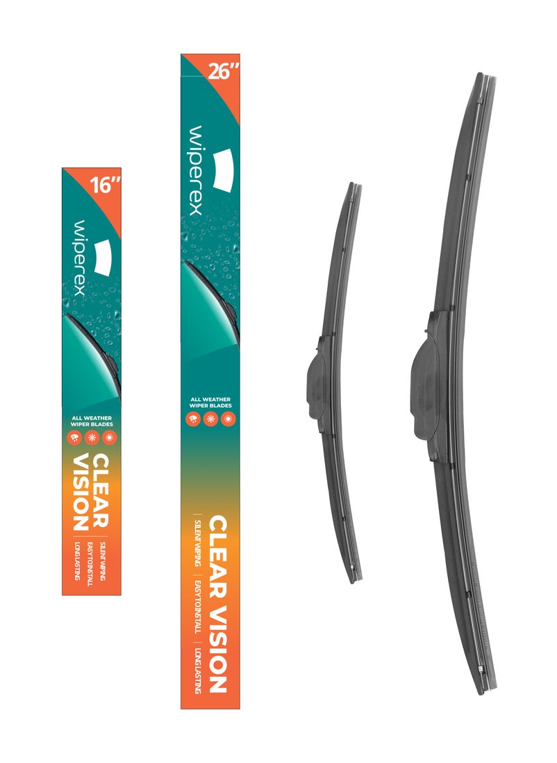 Wiperex WiperEx Wiper Blades for Honda CR-V 2007 2008 2009 2010 2011 26" + 16" All Weather, Uniform Wiping, Premium Rubber, Perfect Fit, Silent, Reduced Wind Lift, No Marks (Set of 2)  - Image 1