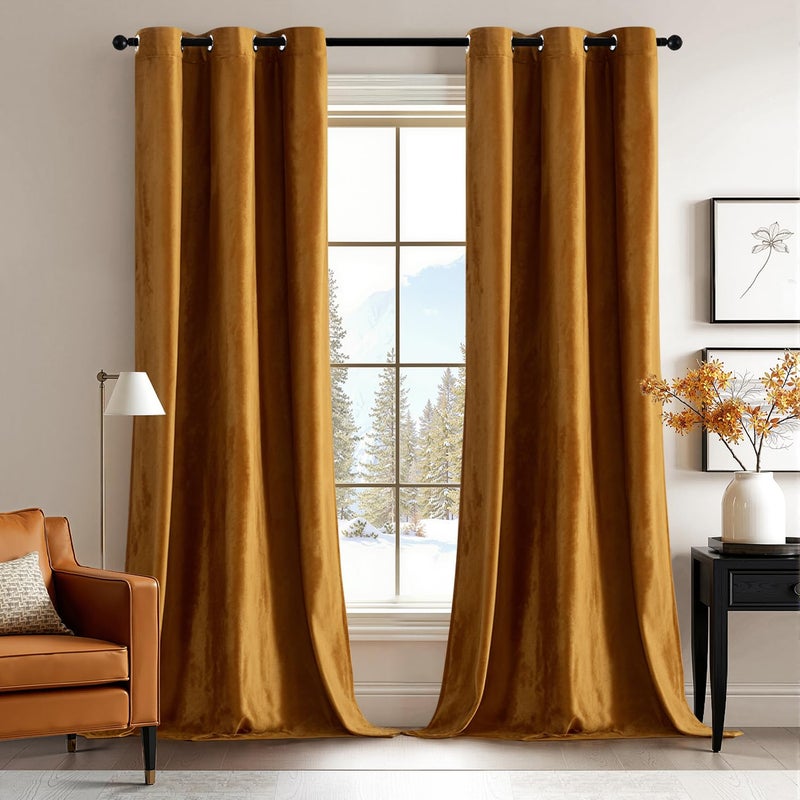 ANRODUO Golden Brown Velvet Curtains 84 Inches Long Blackout Thermal Insulated Soundproof Curtain Privacy Room Darkening Curtains Grommet Window Drapes for Bedroom Living Room 42 x 84 Inch Set of 2 - Image 1