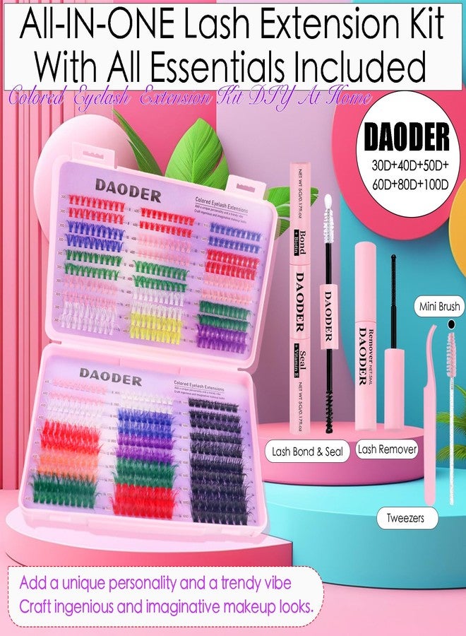 DAODER Colored Lash Clusters Kit, Pink Red Blue Green White Purple Eyelash Clusters 8-16MM, 30D-100D Color Eyelash Clusters Kit with Bond Remover for Halloween Bold Makeup(9 Color Lashes with Kit) - Image 4