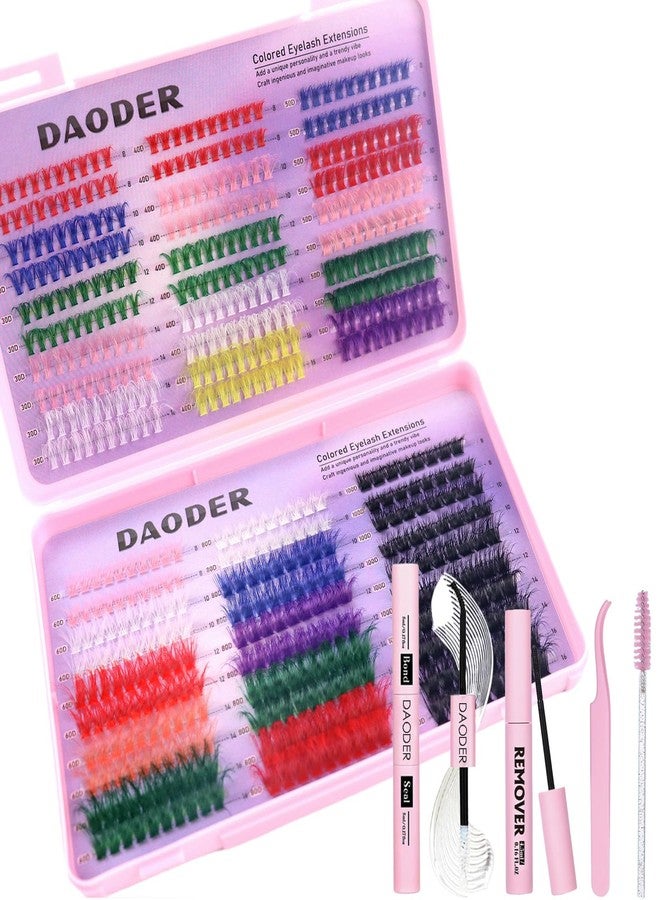 DAODER Colored Lash Clusters Kit, Pink Red Blue Green White Purple Eyelash Clusters 8-16MM, 30D-100D Color Eyelash Clusters Kit with Bond Remover for Halloween Bold Makeup(9 Color Lashes with Kit) - Image 1