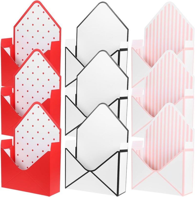 SHINYPASING Envelope Shape Flower Boxes 9pcs Set Red, Black White Polka Dot and Pink Stripe Patterns for Floral Arrangements and Wrapping - Image 1