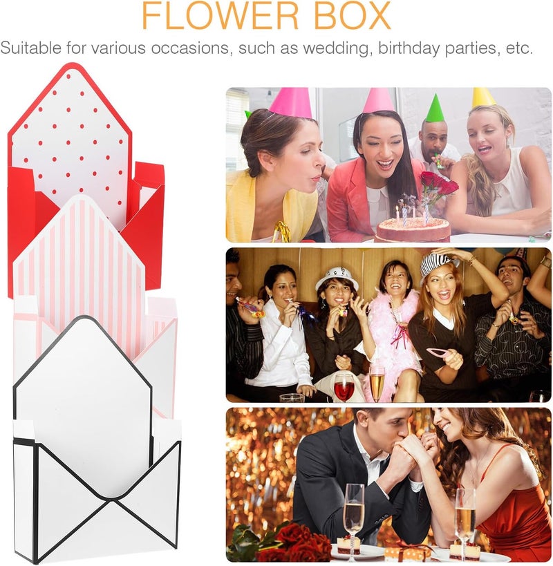 SHINYPASING Envelope Shape Flower Boxes 9pcs Set Red, Black White Polka Dot and Pink Stripe Patterns for Floral Arrangements and Wrapping - Image 3
