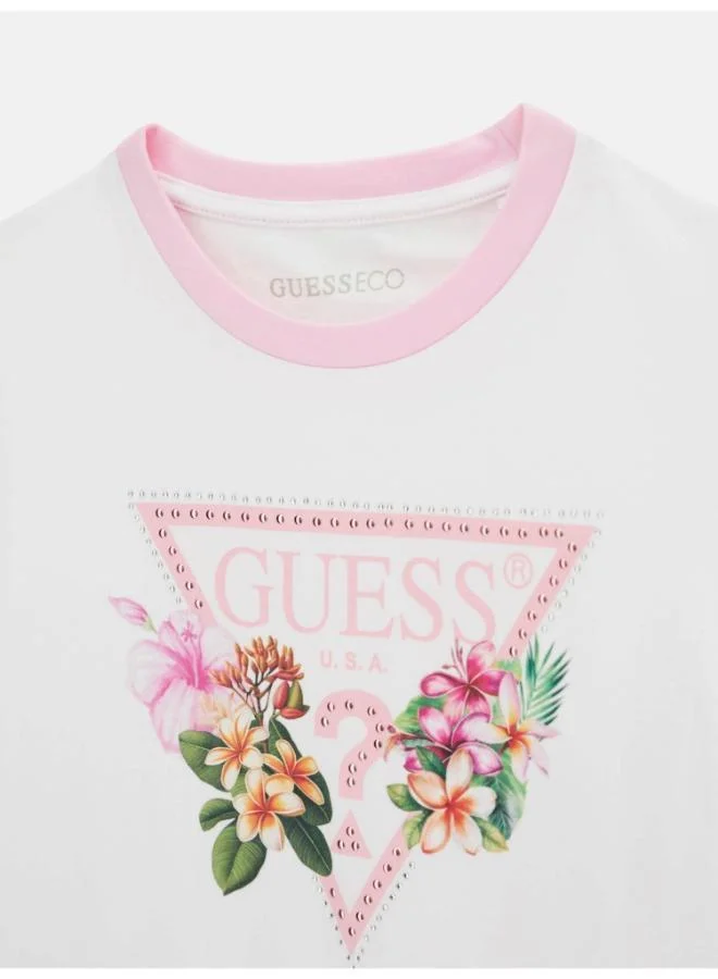 Guess Pure White Youth Graphic Crew Neck T-Shirt for Women | Best Price UAE