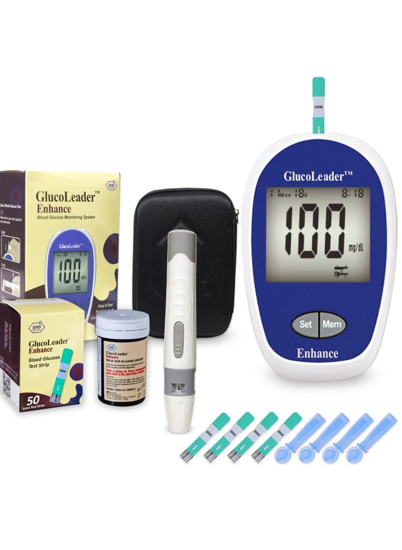 HMD GlucoLeader Enhance Blood Sugar Monitor with 10+50 Test Strips and Lancets - 800 Memory Diabetes Testing Kit in mg/dL - CE & ISO Certified Blood Glucose Monitor Sugar test Kit (Made In Taiwan)  - Image 1