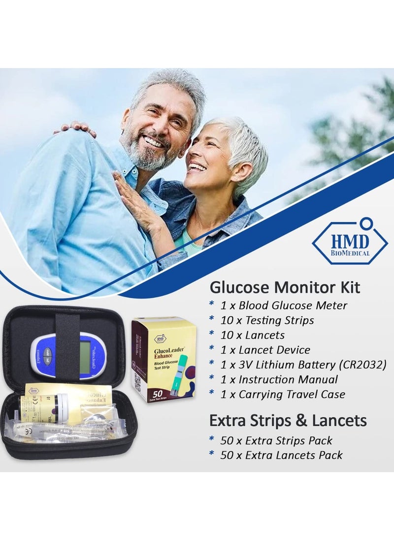 HMD GlucoLeader Enhance Blood Sugar Monitor with 10+50 Test Strips and Lancets - 800 Memory Diabetes Testing Kit in mg/dL - CE & ISO Certified Blood Glucose Monitor Sugar test Kit (Made In Taiwan)  - Image 2