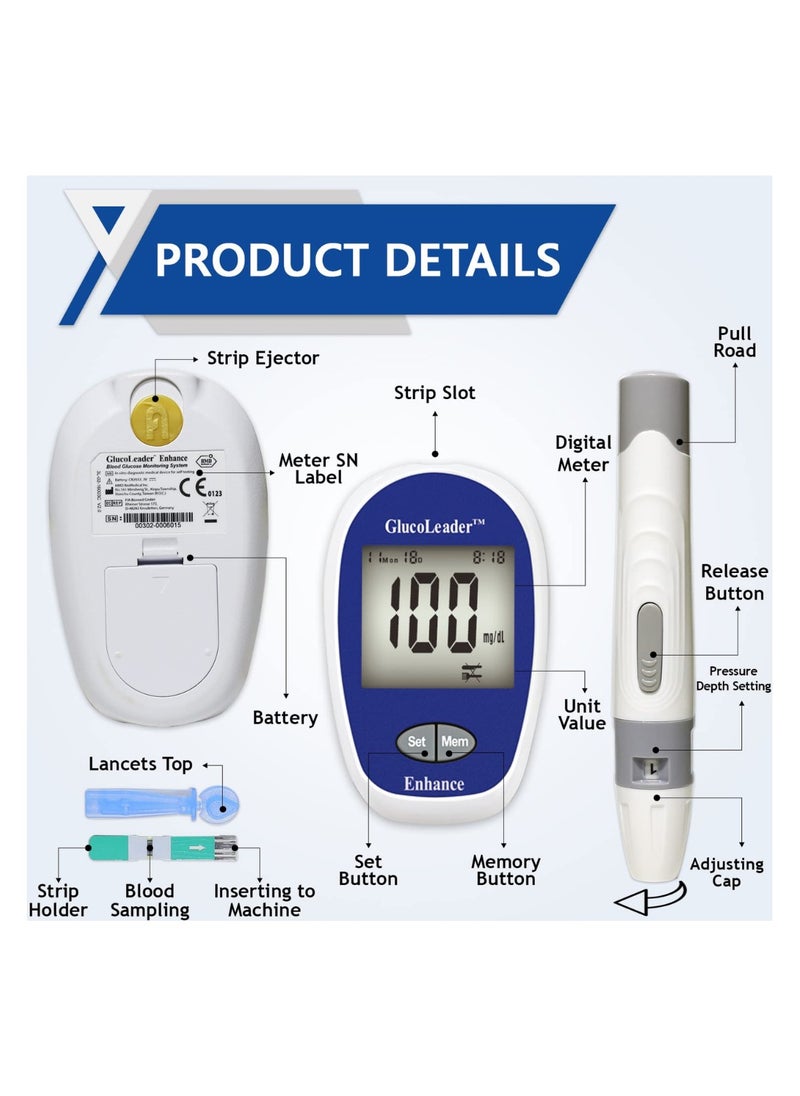 HMD GlucoLeader Enhance Blood Sugar Monitor with 10+50 Test Strips and Lancets - 800 Memory Diabetes Testing Kit in mg/dL - CE & ISO Certified Blood Glucose Monitor Sugar test Kit (Made In Taiwan)  - Image 3