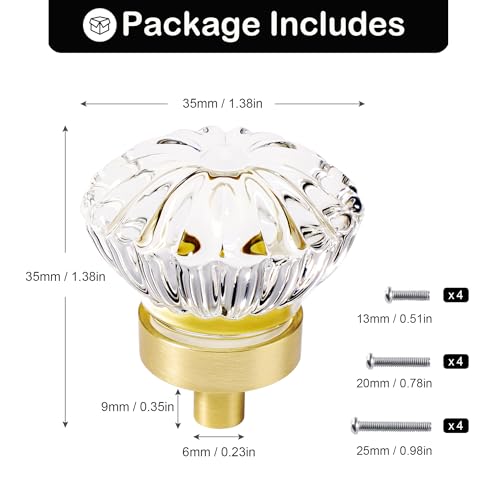 CEYMIO Brushed Gold Crystal Cabinet Knobs Cabinets Knob, 4 Pack Flower Vintage Glass Clear Crystal Small Pull For Closet Dresser Drawers Cupboard Wardrobe, Solid Alloy Retro Pulls Old Fashioned Drawer Handle - Image 2