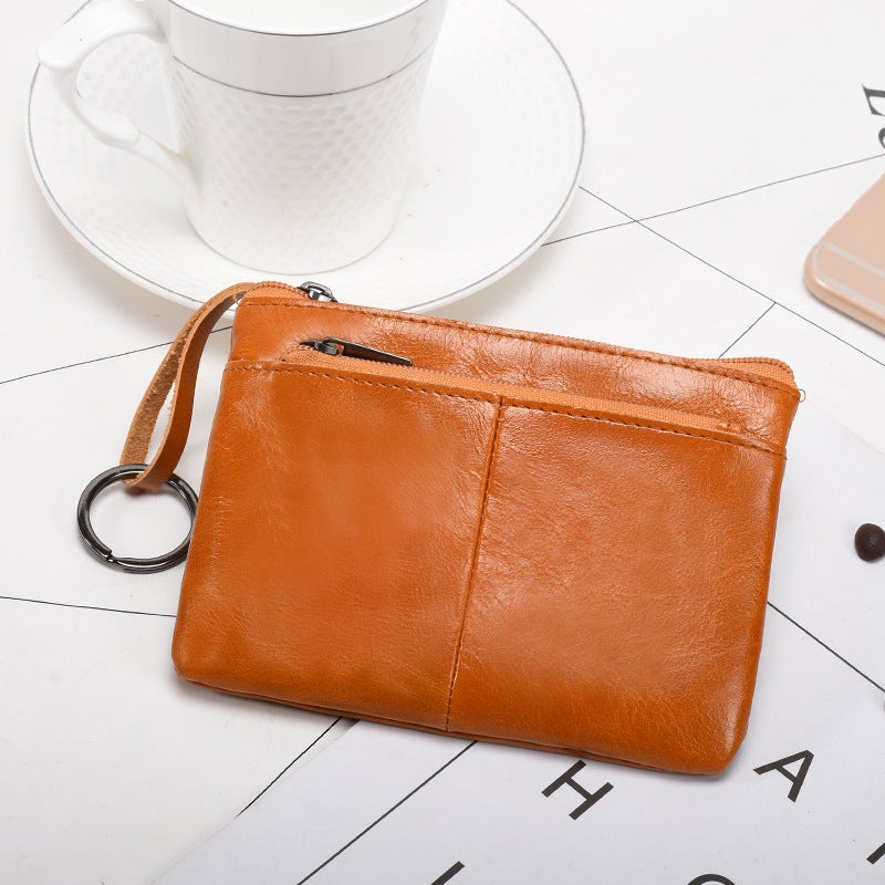 New Trendy Genuine Leather Mens Simple Coin Purse Womens Zipper Hand Wallet Vintage Short Cowhide Card Bag Cross-Border Light brown