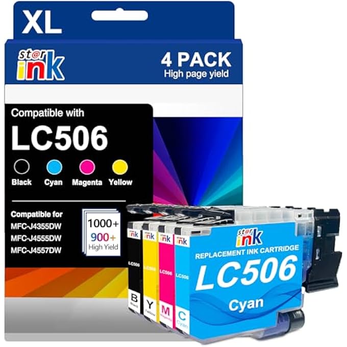 STARINK LC506 INK CARTRIDGE REPLACEMENT FOR BROTHER LC506 INK CARTRIDGES COMBO PACK COMPATIBLE WITH BROTHER MFC-J4355DW MFC-J4555DW MFC-J4557DW PRINTERS, BLACK/CYAN/MAGENTA/YELLOW, 4 PACK - Image 1