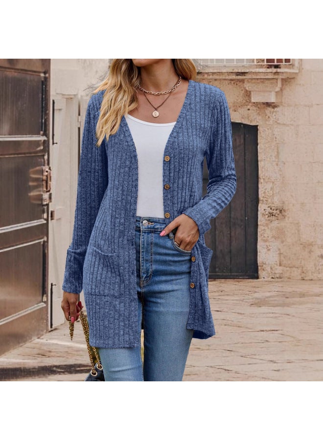 Women's Popular Street Casual Fashion V Neck Long-sleeved Flap Pocket Pants Slim Knitted Cardigan Jacket