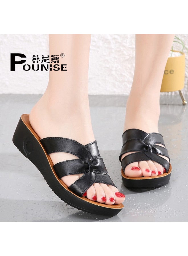 Pounise Women's Fashionable Wedge Sandals, Comfortable Versatile Open-toe Thick-soled Mom Slippers, Pdx-0520, Black, Size 35/225