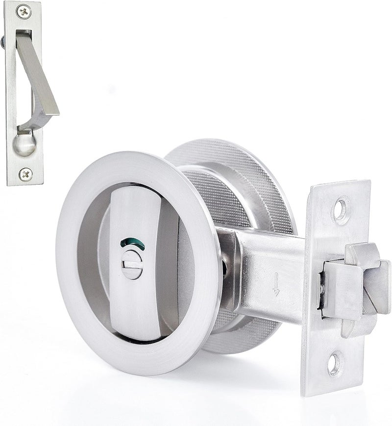 Dontay Pocket Door Lock, Color Coded Indicators, Privacy (Bed/Bath) Handles Latch, 2-3/8" Backset, Hardware for 1 3/8” to 2 3/16” Thickness Door (Including Edge Pull, Brushed Nickel, Round - 1 Pack) - Image 1