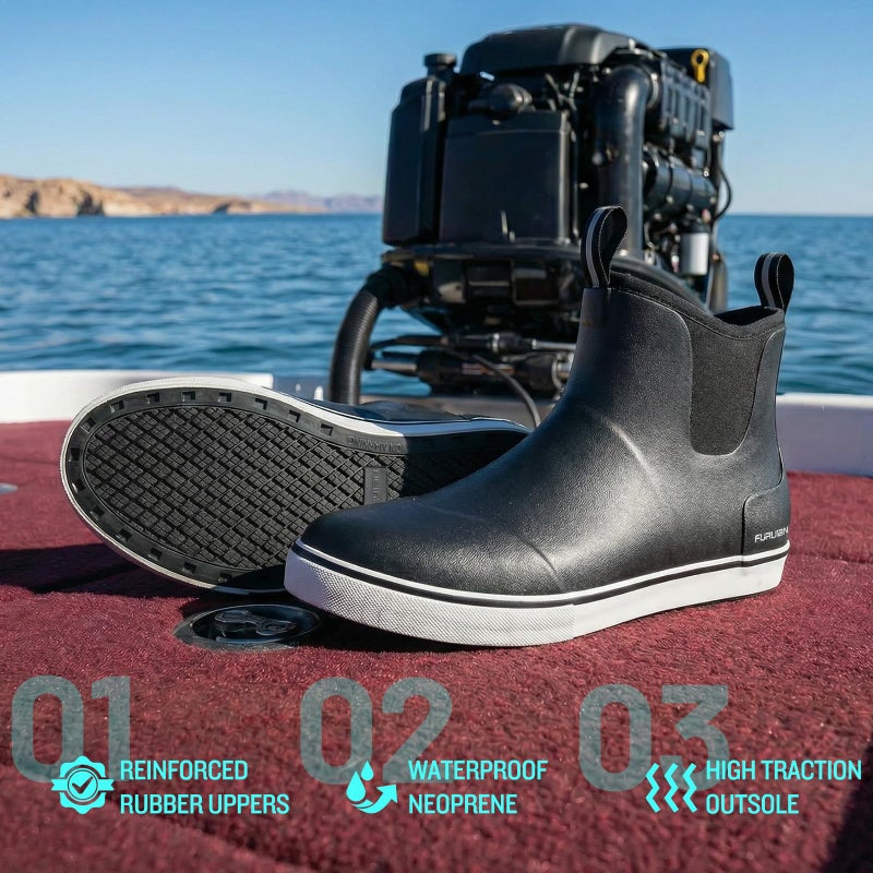 Furuian Men's Deck Boots Fishing Boots Waterproof Rain Boots Ankle Booties Slip On Neoprene Rubber Footwear Chelsea Boots Men botas para hombre for Gardening Fishing Boating Camping Sailing, Black 11 - Image 3