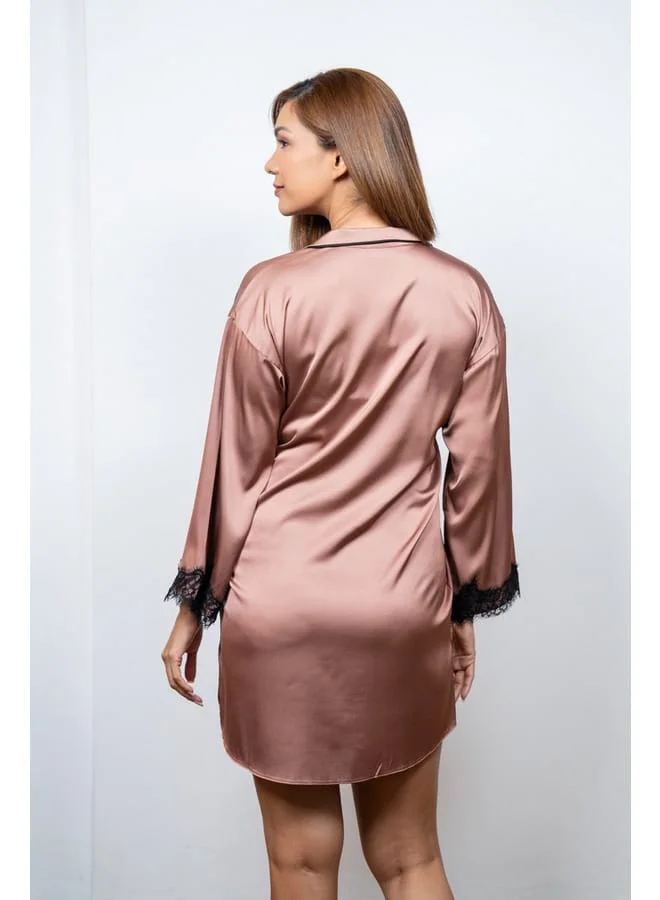 Aadaraya Aadaraya Lace Detail Sateen Sleepshirt with Pocket and Long Sleeves