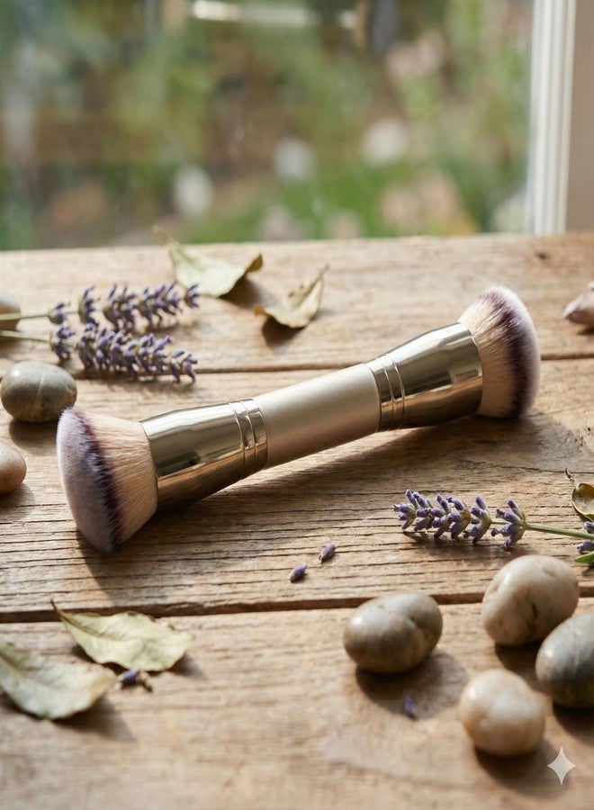 ZAQ Dual Ended Makeup Brush - 2-in-1 Angled Foundation & Round Powder Brush for Liquid, Cream & Contour - Soft Synthetic Bristles for Blending & Buffing (Champagne Gold) - Image 2