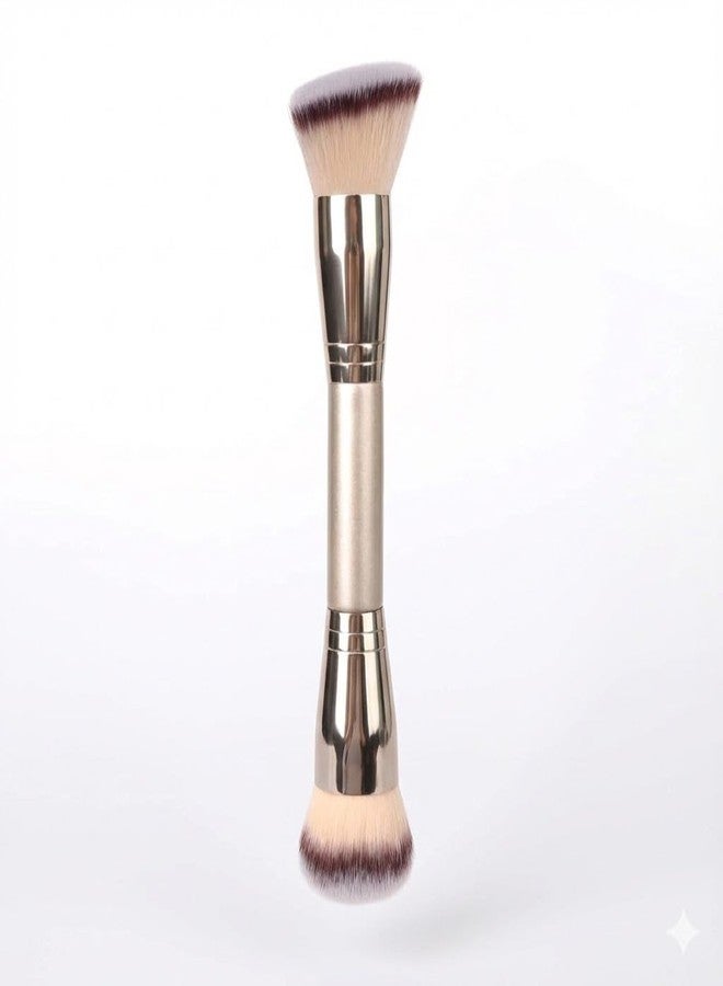 ZAQ Dual Ended Makeup Brush - 2-in-1 Angled Foundation & Round Powder Brush for Liquid, Cream & Contour - Soft Synthetic Bristles for Blending & Buffing (Champagne Gold) - Image 4