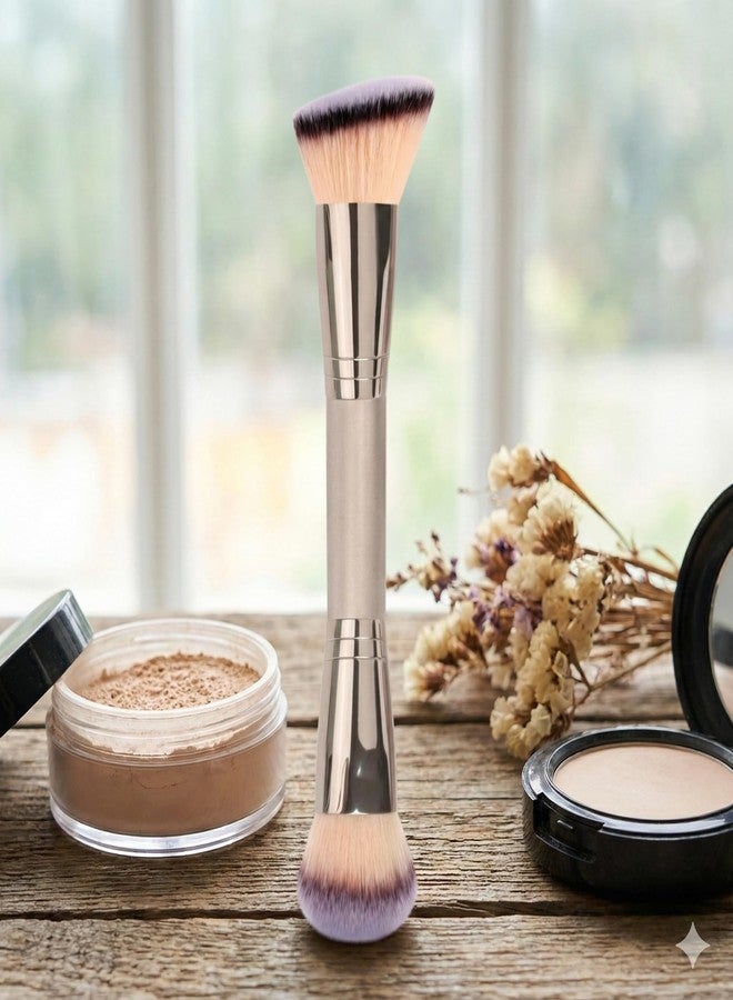 ZAQ Dual Ended Makeup Brush - 2-in-1 Angled Foundation & Round Powder Brush for Liquid, Cream & Contour - Soft Synthetic Bristles for Blending & Buffing (Champagne Gold) - Image 3