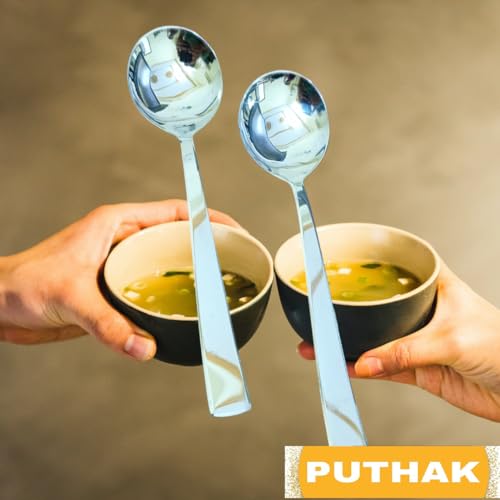 PUTHAK Long Handle Stainless Steel Round Soup Spoons Set Of 6, Cutlery, Silverware, Flatware Kitchen Utensil Dining Modern Rust-Resistant Dishwasher-Safe Spoon Set, 7 Inch - Image 3