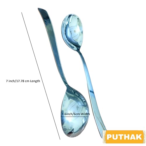 PUTHAK Long Handle Stainless Steel Round Soup Spoons Set Of 6, Cutlery, Silverware, Flatware Kitchen Utensil Dining Modern Rust-Resistant Dishwasher-Safe Spoon Set, 7 Inch - Image 2