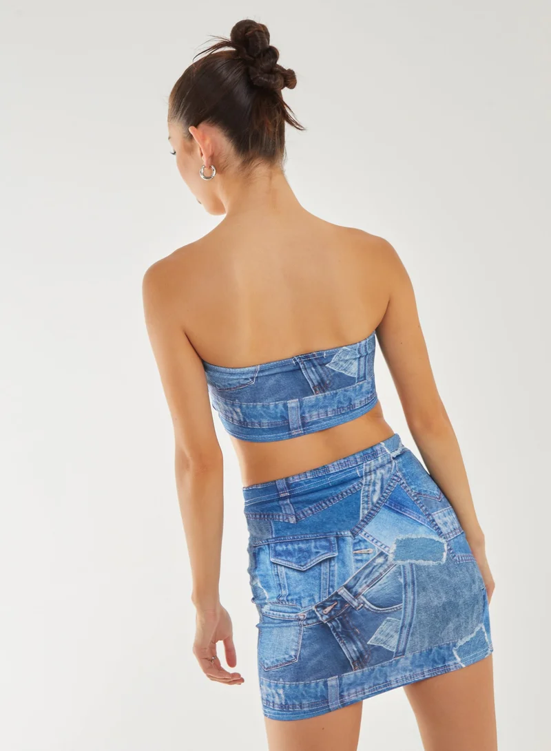 Pink Vanilla Seam Detail Denim Print Top